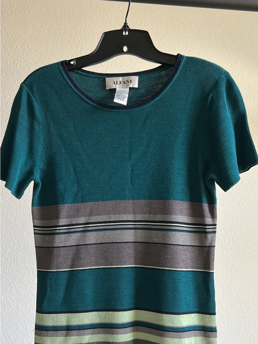 Alfani Teal Short-Sleeve Striped Knit Tee